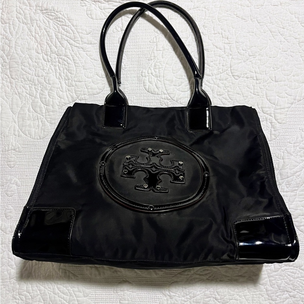 Large Black Nylon Tory Burch Ella Patent Leather Tote 17x12.5”, 11” strap drop